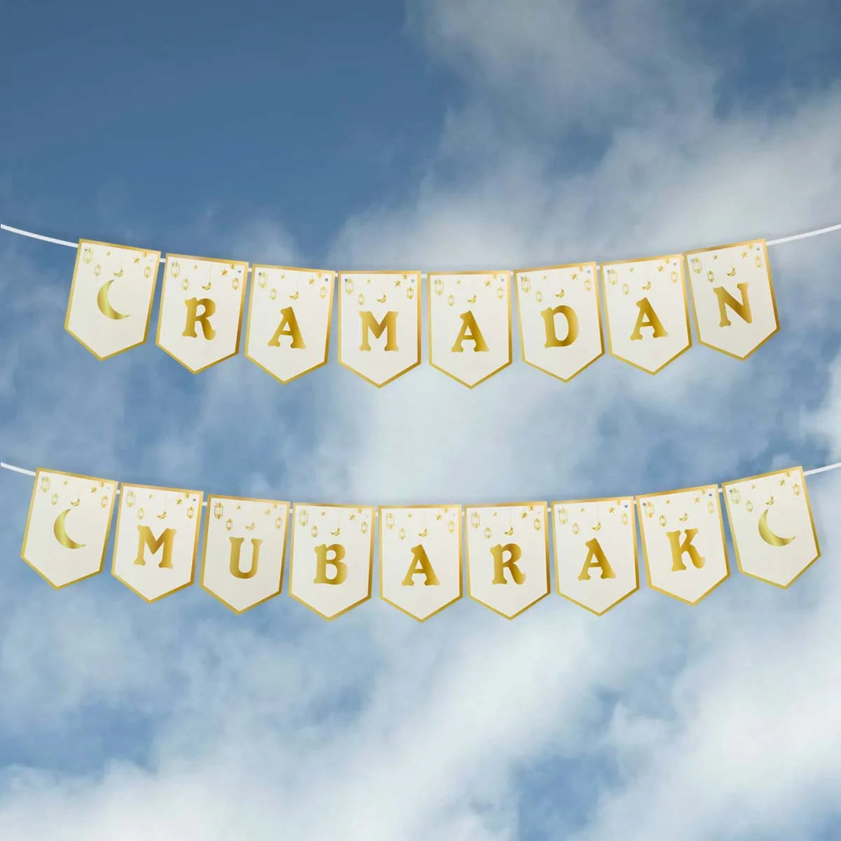 Ramadan Mubarak Banner with Crescent Moon and Stars